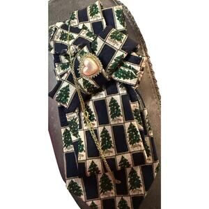 Upcycled Christmas Tree Necktie Statement Necklace with Pearl Heart Pendant